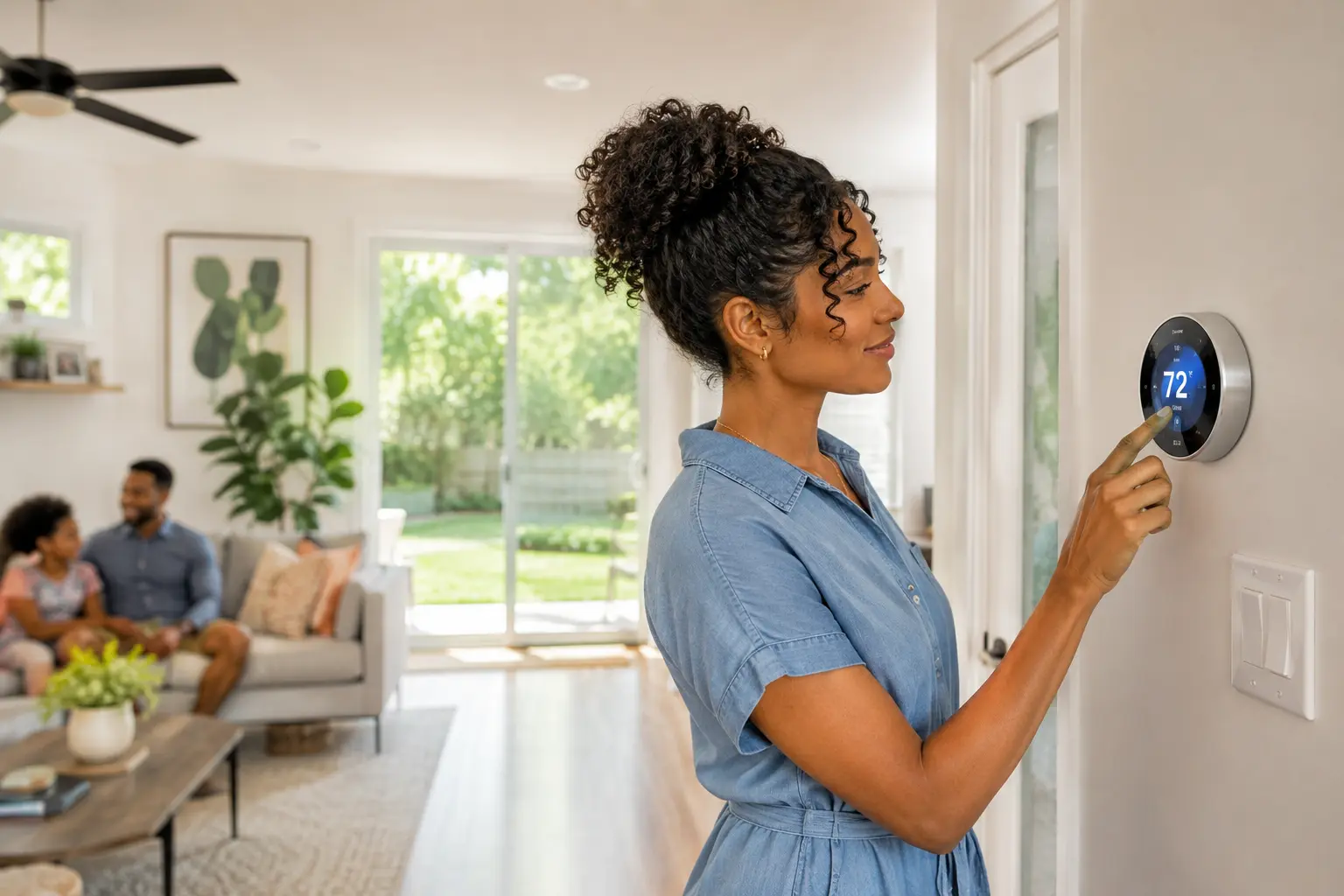 Adjusting the thermostat in a cozy home