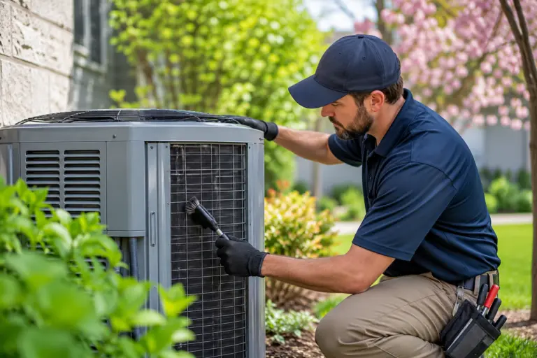 HVAC technician servicing air conditioner unit