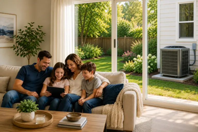 Family enjoying time together in light-filled living room