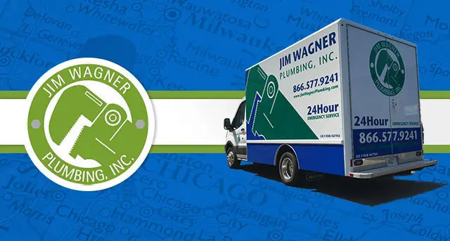 Jim Wagner Plumbing, Inc. service van showcasing 24-hour emergency plumbing services and logo, emphasizing commercial pump solutions in West Chicago, IL.