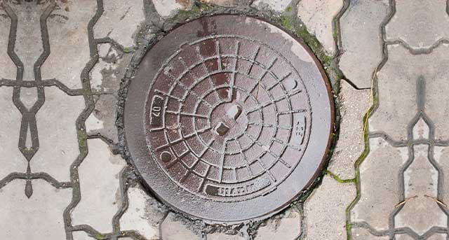 Sewer manhole cover on pavement, highlighting plumbing infrastructure relevant to Jim Wagner Plumbing's sewer drain cleaning services in Orland Park, IL.