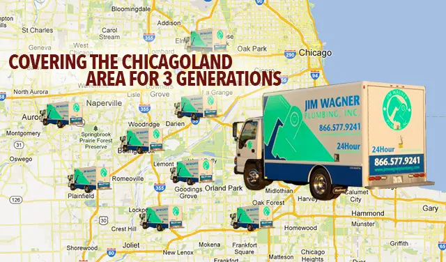 Map of the Chicagoland area with service locations marked and a Jim Wagner Plumbing, Inc. service truck, highlighting local plumbing coverage and contact information.