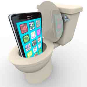 Toilet with smartphone submerged, symbolizing modern technology integration in bathroom fixtures.