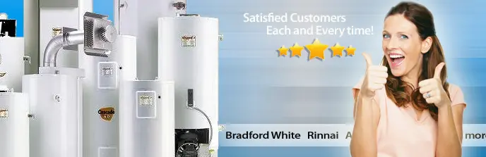 Bradford White Heater repair and installation Naperville, IL Image of various water heaters with a woman giving a thumbs-up, promoting satisfaction in plumbing services, featuring brands like Bradford White and Rinnai.