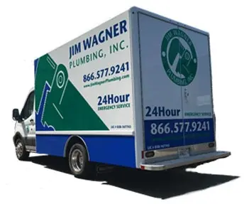 Jim Wagner Plumbing, Inc. service truck featuring contact information and 24-hour emergency service details, emphasizing reliable plumbing solutions.
