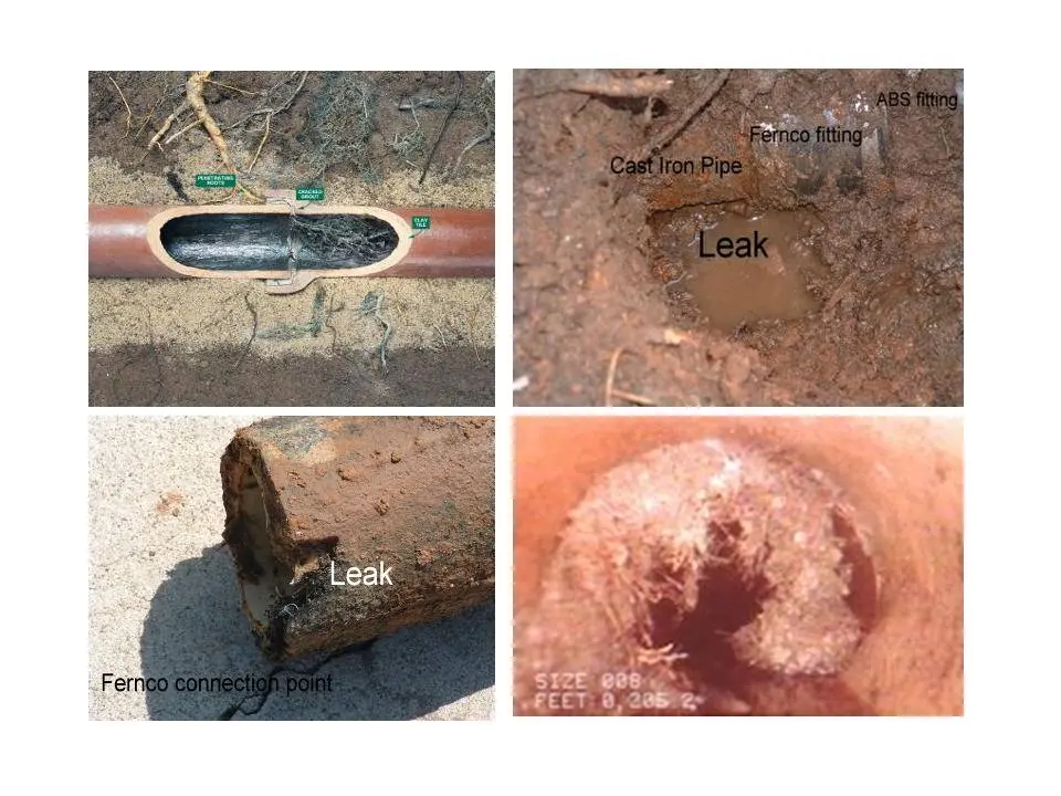Lombard Drain Cleaning before and after Drain cleaning service images showing various plumbing issues, including leaks in cast iron pipes, damaged Fernco connection points, and root intrusion, highlighting the expertise of Jim Wagner Plumbing in addressing plumbing problems.