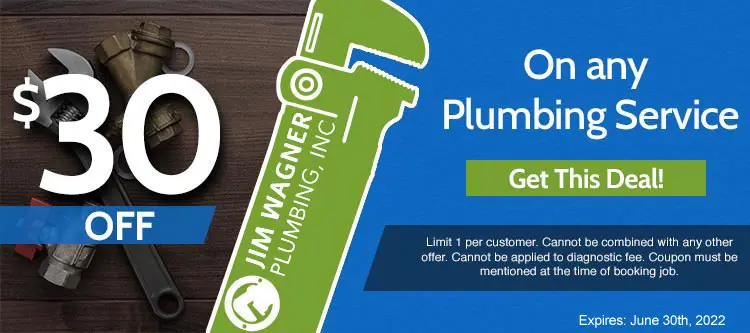 $30 off coupon for Jim Wagner Plumbing, Inc. on any plumbing service, featuring a green wrench graphic and promotional details.