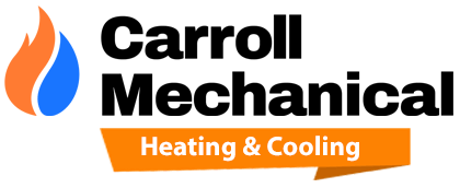Carroll Mechanical logo featuring a flame and water droplet symbol, with "Heating & Cooling" tagline, representing HVAC services.