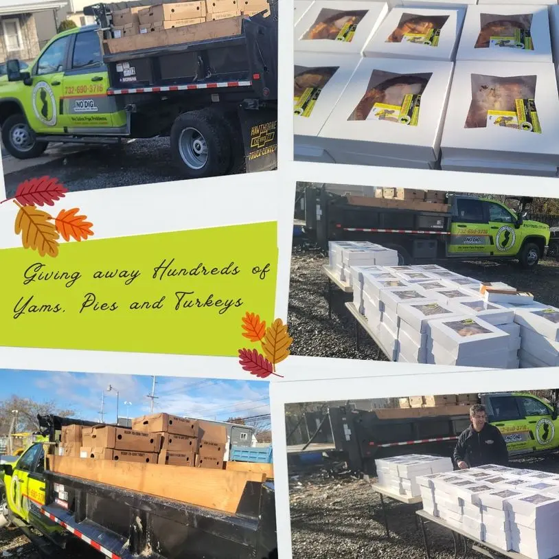 Giving away hundreds of yams, pies, and turkeys from a truck, showcasing community support by Jersey Trenchless LLC during Thanksgiving.