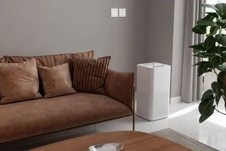 Minimalist living room with a brown leather sofa, throw pillows, a white air purifier, and a potted plant by the window. Enjoy perfect comfort while an AC technician from CA ensures your system runs smoothly.