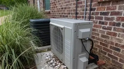 Two outdoor air conditioning units next to a brick wall, surrounded by tall grass and rocks, illustrate the local HVAC repair and AC maintenance work typically needed in such landscapes.