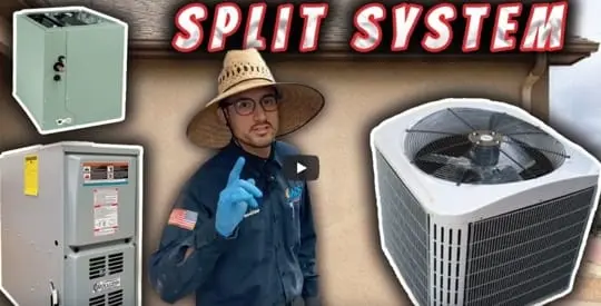 Technician demonstrating split system HVAC components, including indoor and outdoor units, emphasizing emergency AC repair services for home comfort.
