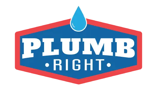 Plumb Right logo featuring bold white text on a blue background with a red border and a water droplet above, representing plumbing services and tankless water heater solutions.