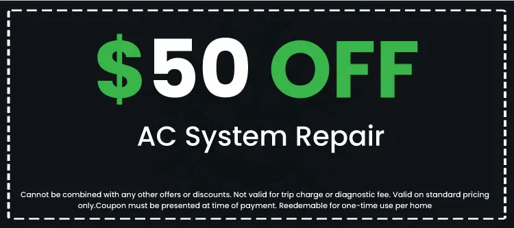 Promotional coupon for Clark's Home Services offering $50 off AC system repair with conditions on black background.