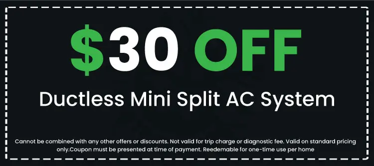 Image showing $30 off Ductless Mini Split AC System by Clark's Home Services with promotion details.