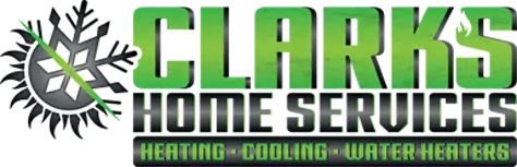 Clark's Home Services logo featuring bold green text with heating, cooling, and water heaters services, accompanied by a snowflake and sun symbol representing HVAC solutions.