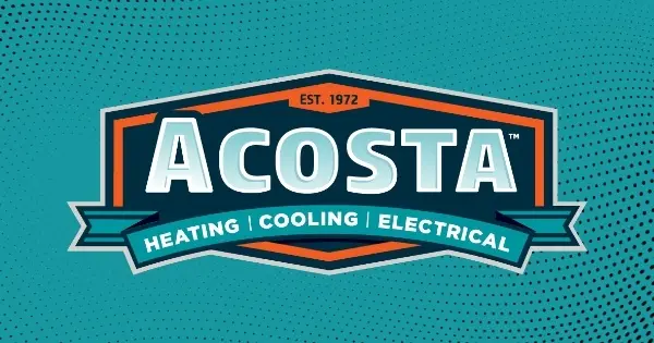 Acosta Heating, Cooling & Electrical logo showcasing services in HVAC and electrical solutions, established in 1972, with a teal background and modern design elements.