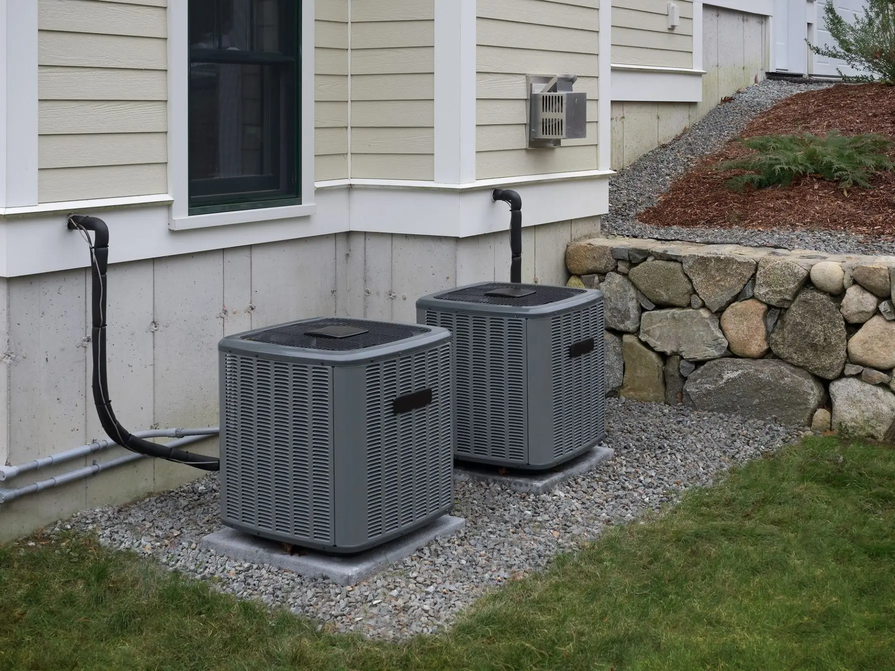Two outdoor HVAC units on gravel