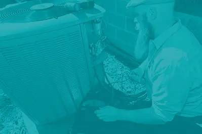 Technician performing air conditioner repair service, focused on maintenance and troubleshooting, with HVAC unit and tools visible.