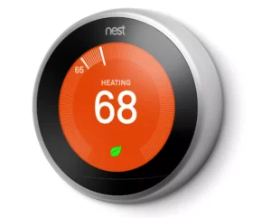 Nest Learning Thermostat displaying a heating setting of 68 degrees, emphasizing home automation and energy efficiency, relevant to Acosta Heating, Cooling & Electrical's Nest Pro installation services.