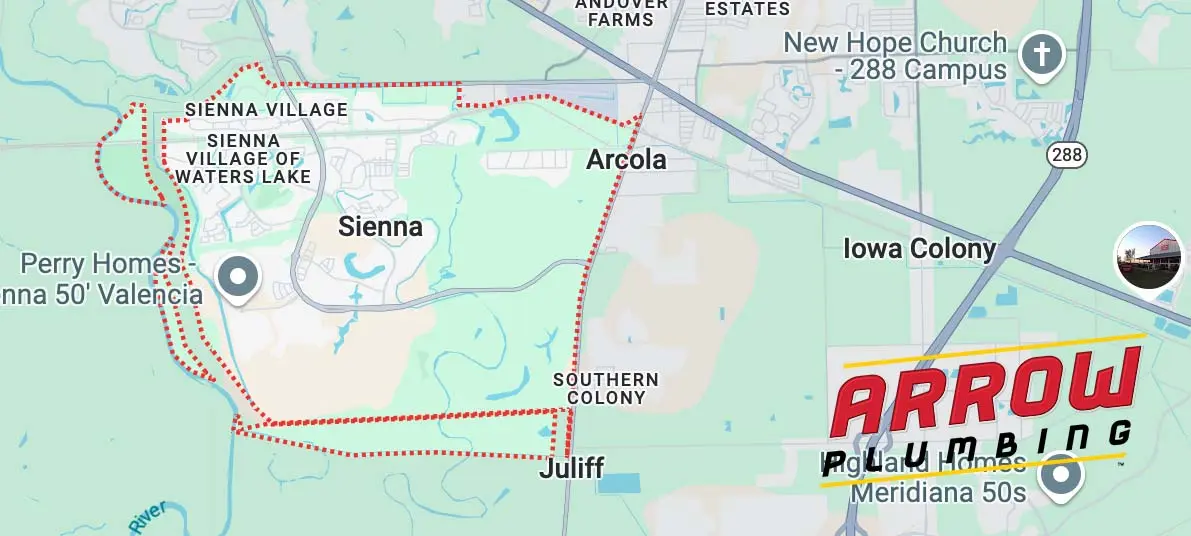 Map of Sienna, TX, highlighting areas serviced by Arrow Plumbing, featuring the brand logo prominently.