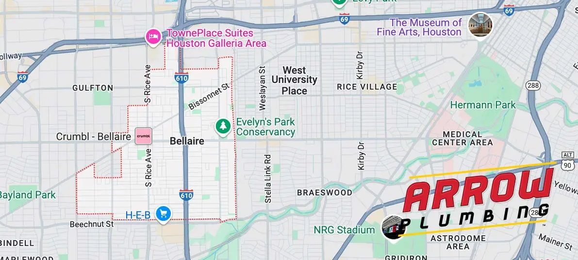 Map of Bellaire, TX highlighting key locations and featuring Arrow Plumbing logo, relevant for homeowners seeking drainage services.