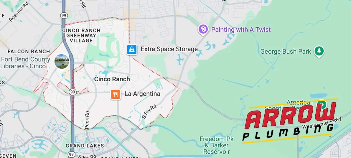 Map of Cinco Ranch, Texas, highlighting local landmarks and Arrow Plumbing logo, emphasizing plumbing services in the area.