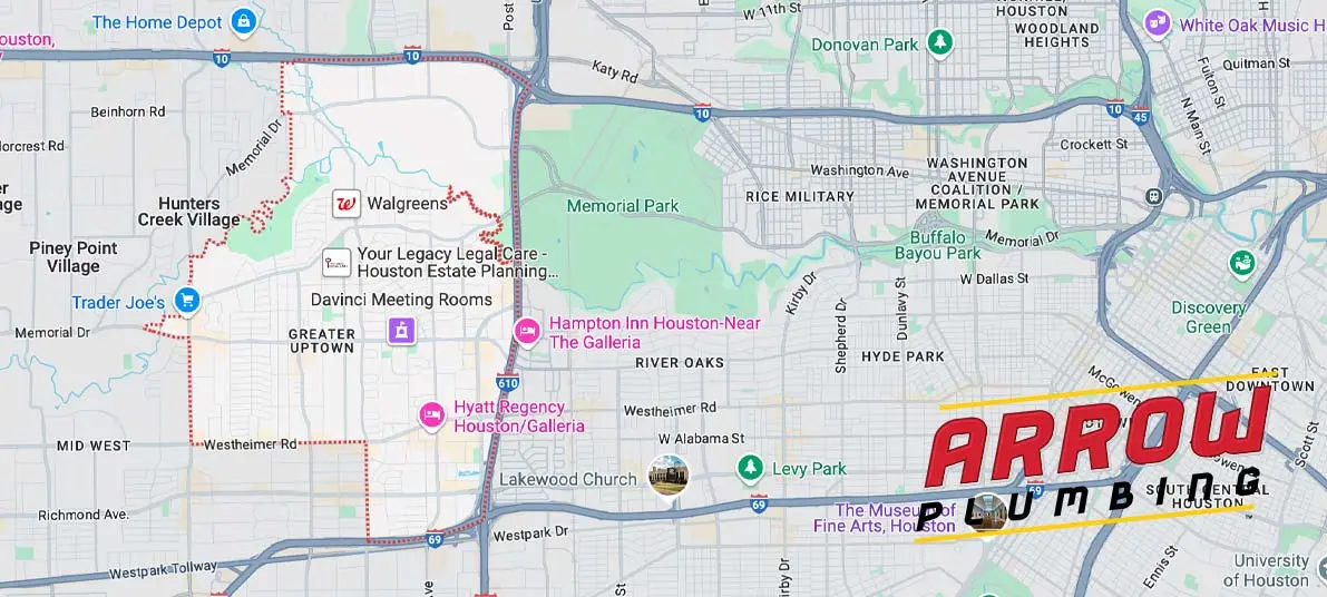 Map of Galleria, TX area highlighting key locations with Arrow Plumbing logo, emphasizing water filtration and installation services.