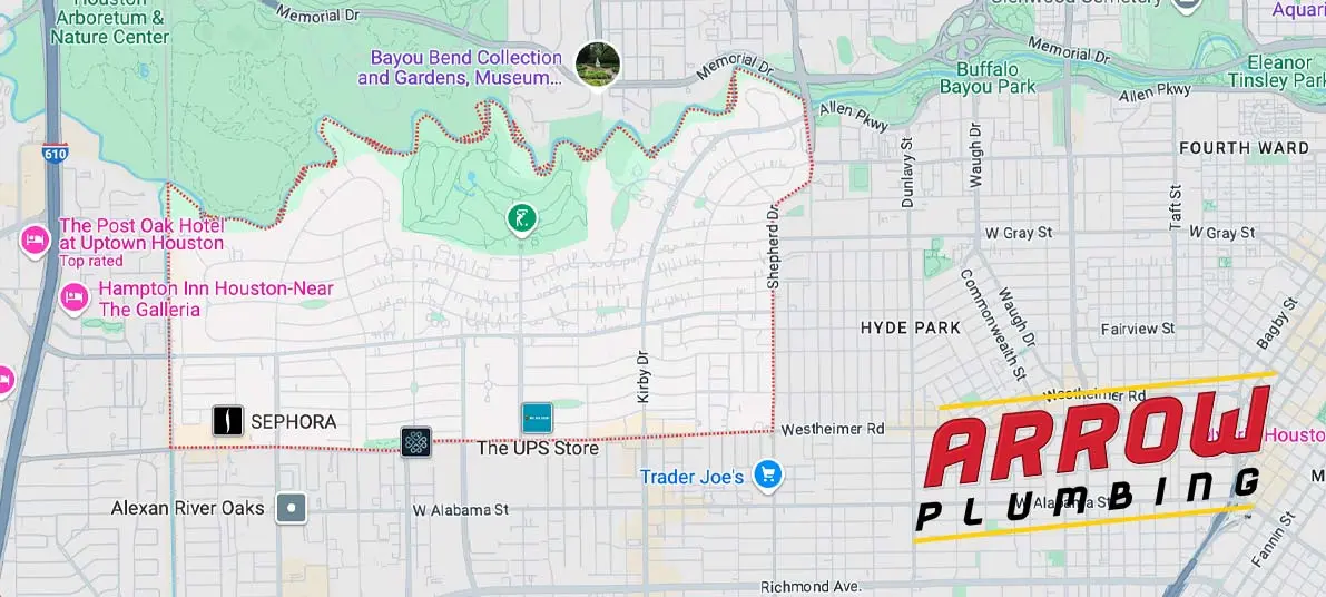 Map highlighting River Oaks area with Arrow Plumbing logo, indicating drainage services in Houston.