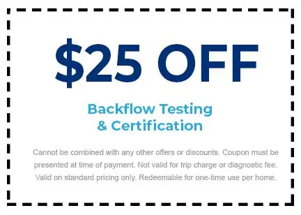 $25 off coupon for backflow testing and certification, highlighting terms of use and restrictions, relevant to Plumbing Techs' plumbing service discounts.
