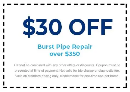 $30 off burst pipe repair coupon for Plumbing Techs, valid for repairs over $350, with terms for one-time use per home.