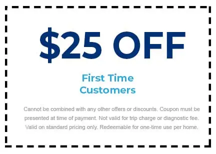 $25 off coupon for first-time customers of Plumbing Techs, featuring terms and conditions for plumbing service discounts.