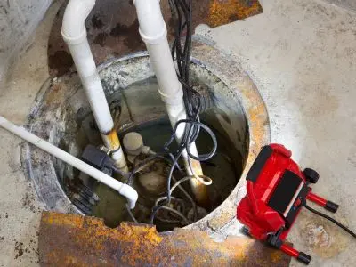 Sump pump system in a sump pit with discharge pipes and electrical connections, illustrating components for effective water drainage in flood-prone homes.