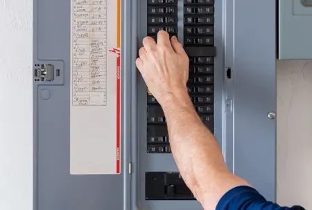 A hand reaching to flip a switch inside a residential electrical breaker box panel with labeled circuits.