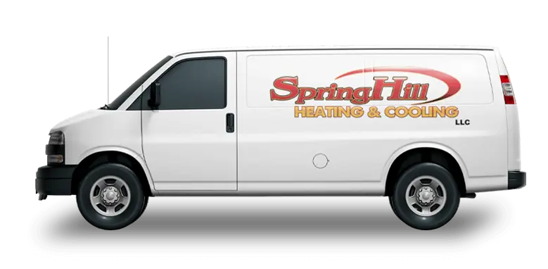 White service van featuring the logo of Spring Hill Heating & Cooling, emphasizing HVAC services in Spring Hill, TN.