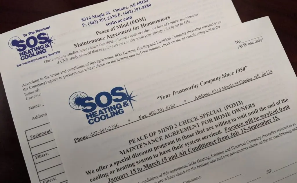 SOS Heating & Cooling maintenance agreement documents highlighting the Peace of Mind Maintenance Program benefits, including service checks and contact details.