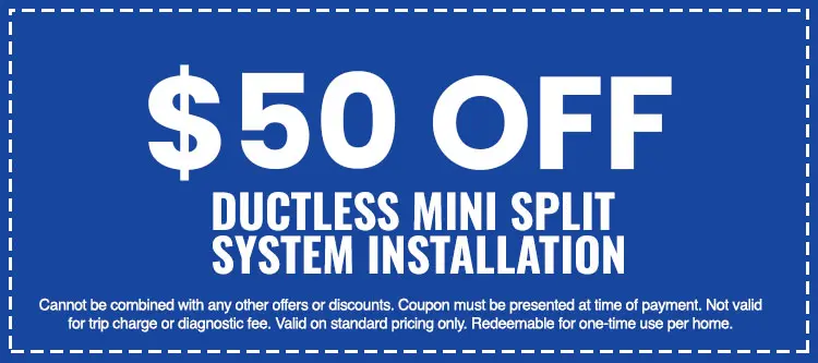 $50 off ductless mini split system installation coupon for HVAC services from SOS Heating & Cooling, highlighting terms and conditions.