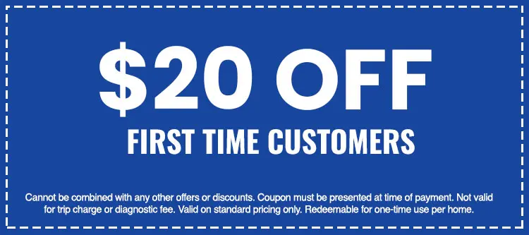 $20 off coupon for first-time customers of SOS Heating & Cooling, emphasizing HVAC service discounts, with terms and conditions noted.