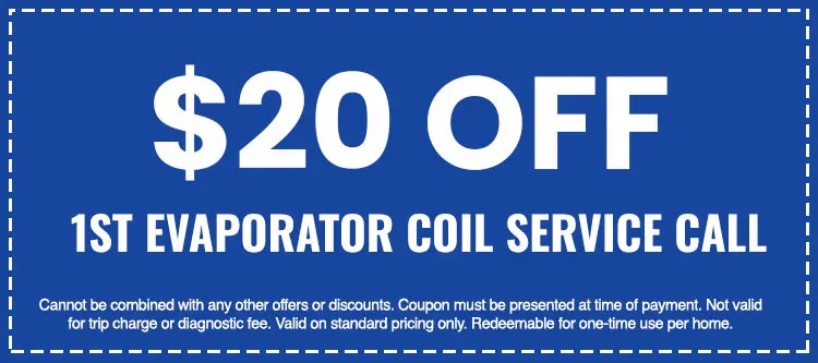 $20 off first evaporator coil service call coupon for HVAC services, highlighting promotional offer from SOS Heating & Cooling.
