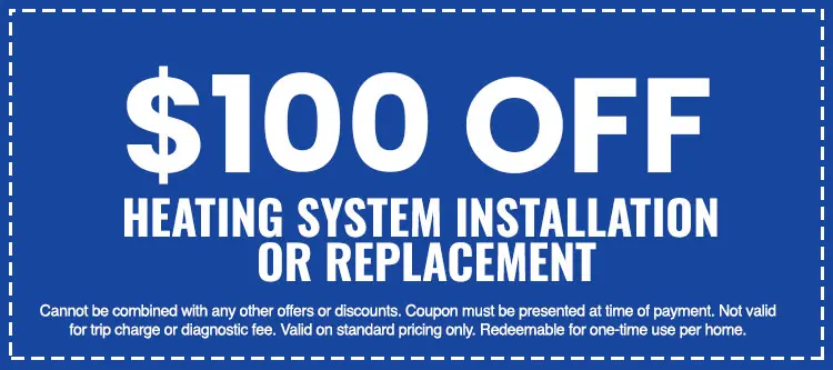$100 off heating system installation or replacement coupon from SOS Heating & Cooling, highlighting special offer terms and conditions.