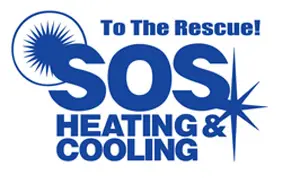 SOS Heating & Cooling logo featuring a sun graphic and the text "To The Rescue!" with a focus on HVAC services and dehumidifier installation.