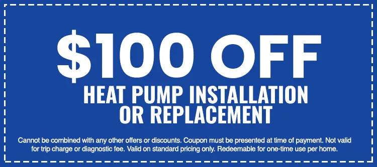 $100 off heat pump installation or replacement coupon from SOS Heating & Cooling, highlighting promotional savings for HVAC services.