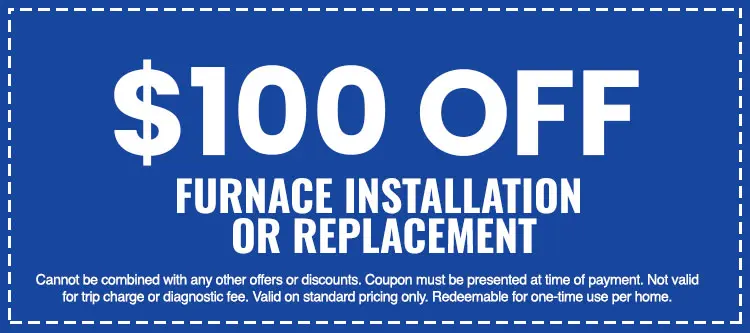 $100 off furnace installation or replacement coupon from SOS Heating & Cooling, highlighting savings for HVAC services.