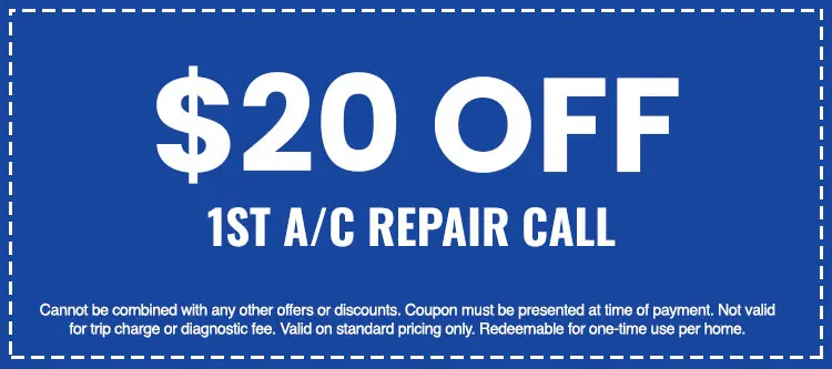 $20 off first A/C repair call coupon from SOS Heating & Cooling, featuring terms and conditions for HVAC service discounts.