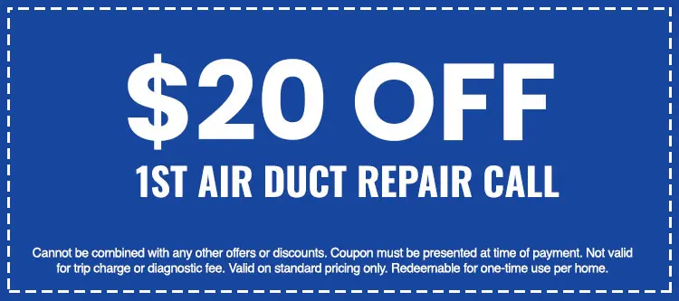 $20 off first air duct repair call coupon from SOS Heating & Cooling, with terms and conditions for first-time customers.