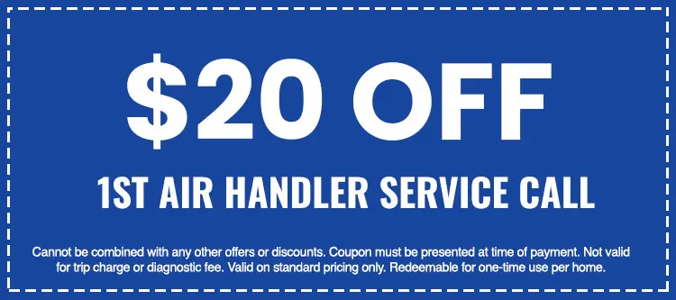 $20 off first air handler service call coupon for HVAC services from SOS Heating & Cooling, with terms and conditions.