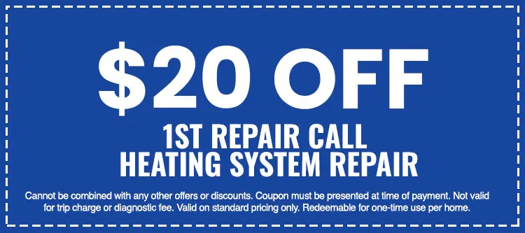 $20 off first repair call for heating system repair coupon from SOS Heating & Cooling, highlighting promotional offer details and redemption terms.