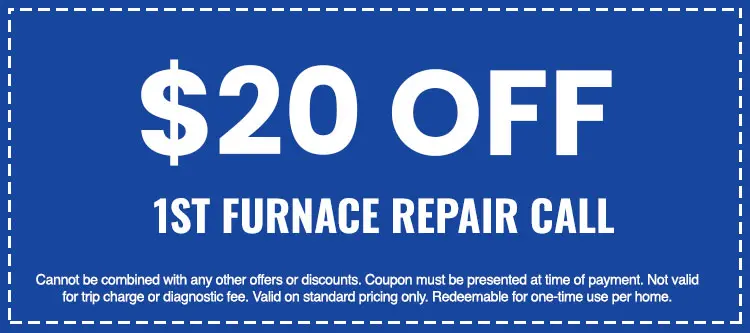 $20 off first furnace repair call coupon for HVAC services, highlighting special offer from SOS Heating & Cooling.