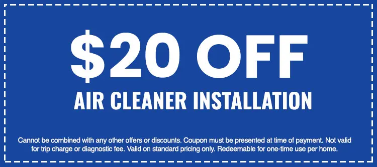 $20 off air cleaner installation coupon from SOS Heating & Cooling, highlighting terms and conditions for first-time customers.