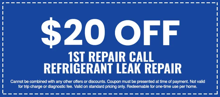 $20 off first repair call for refrigerant leak repair coupon from SOS Heating & Cooling, emphasizing HVAC service discounts for first-time customers.